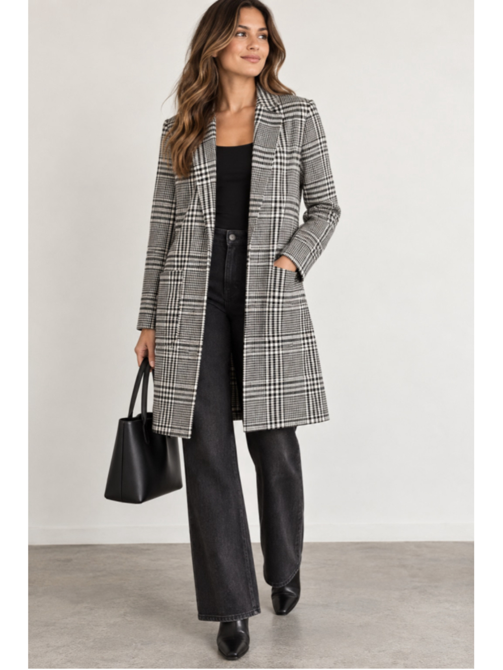 Carolina Belle Montreal Glen Plaid Longline Blazer Coat Medium Check